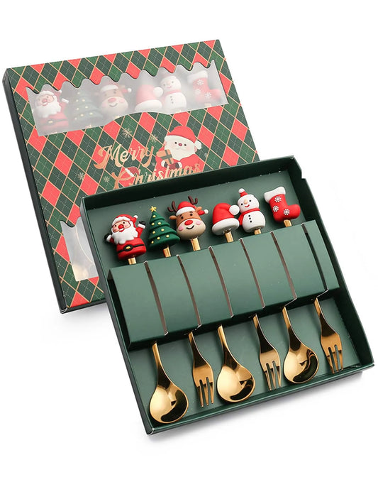 Leeseph Christmas Coffee Spoons Forks Set (4/6Pcs), Stainless Steel Spoon Forks Christmas Gifts for Kids(Red/Green Gift Box Set)