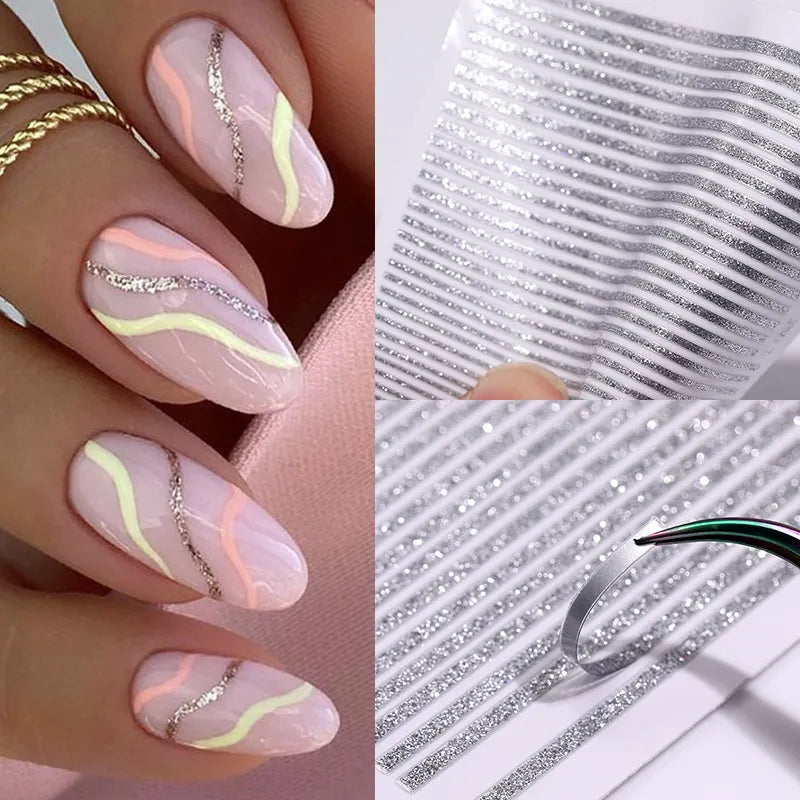 3D Lines Nail Stickers  Silver Rose Gold Metal Stripe Letters Decals Curve Gel Nails Art Sliders Manicure Decor