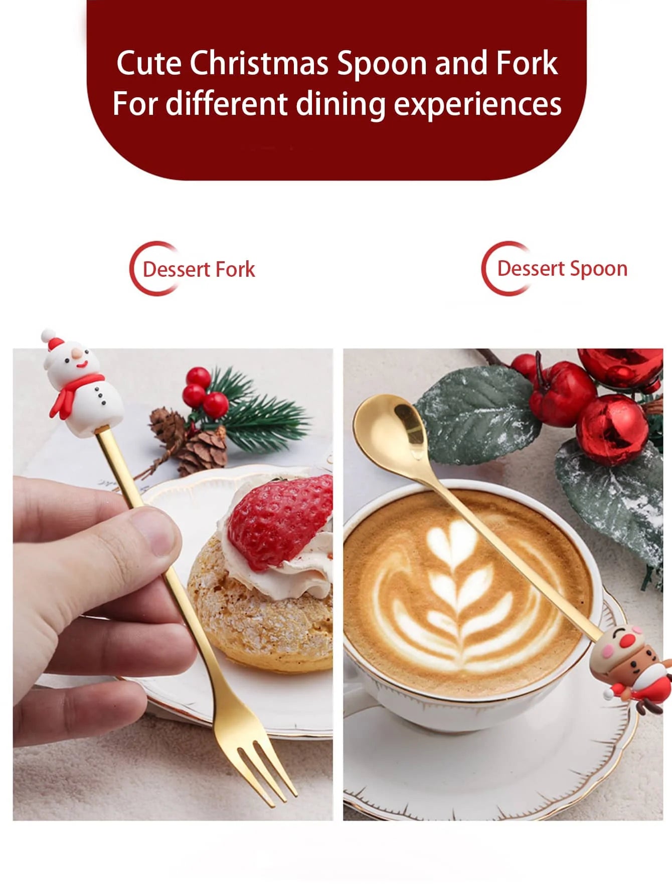 Leeseph Christmas Coffee Spoons Forks Set (4/6Pcs), Stainless Steel Spoon Forks Christmas Gifts for Kids(Red/Green Gift Box Set)